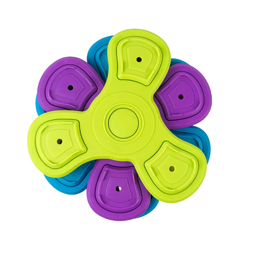 Purple and green rotating slow feeder dog bowl with multi-layer treat puzzle compartments