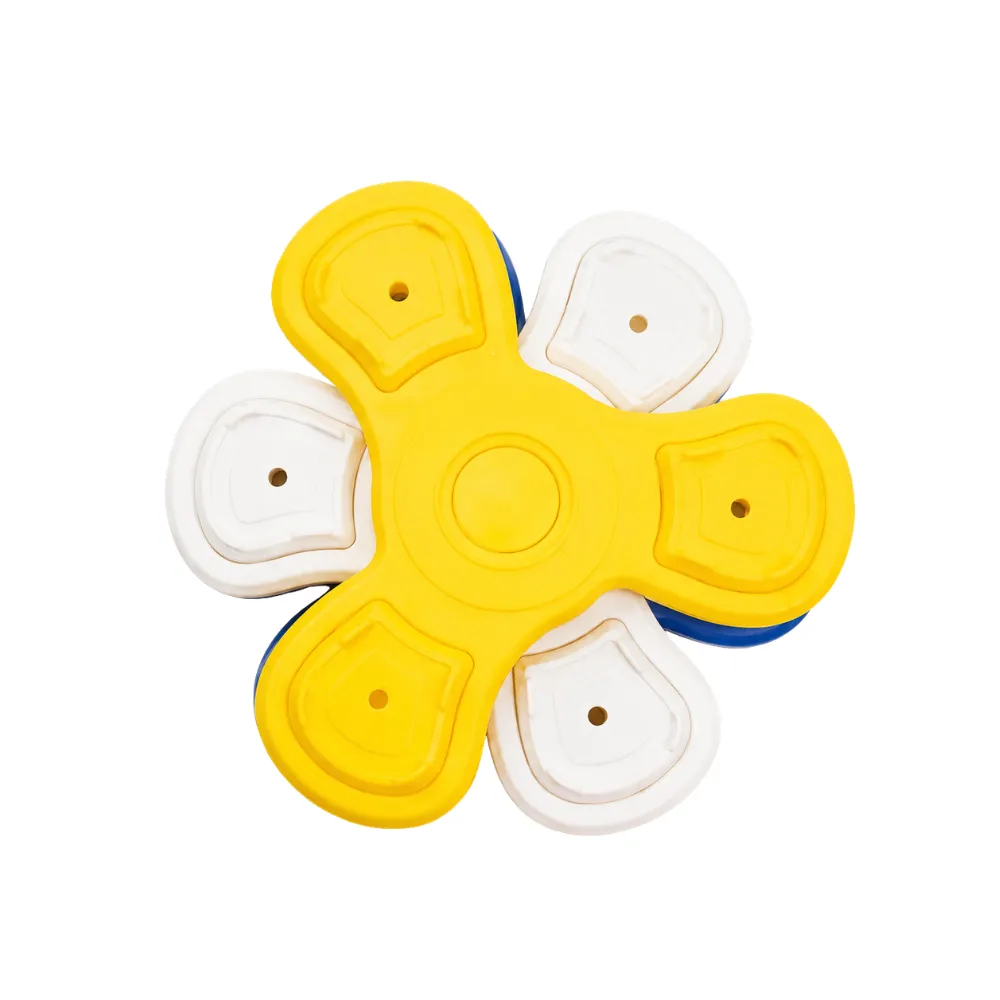 Yellow rotating slow feeder puzzle bowl with detachable interactive layers for dog enrichment feeding