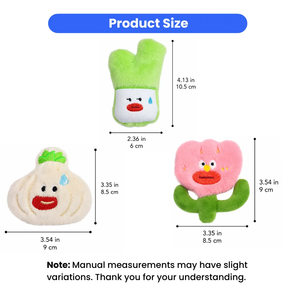 Size dimensions of vegetable-themed catnip plush cat toys with inch and centimeter measurements for wholesale buyers