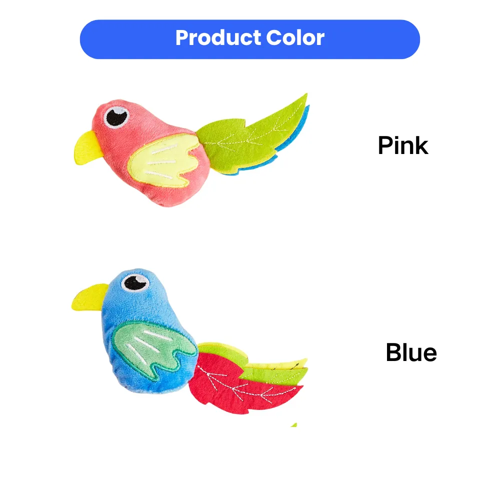 Pink and blue simulated bird catnip plush toys with colorful feather tails for cats