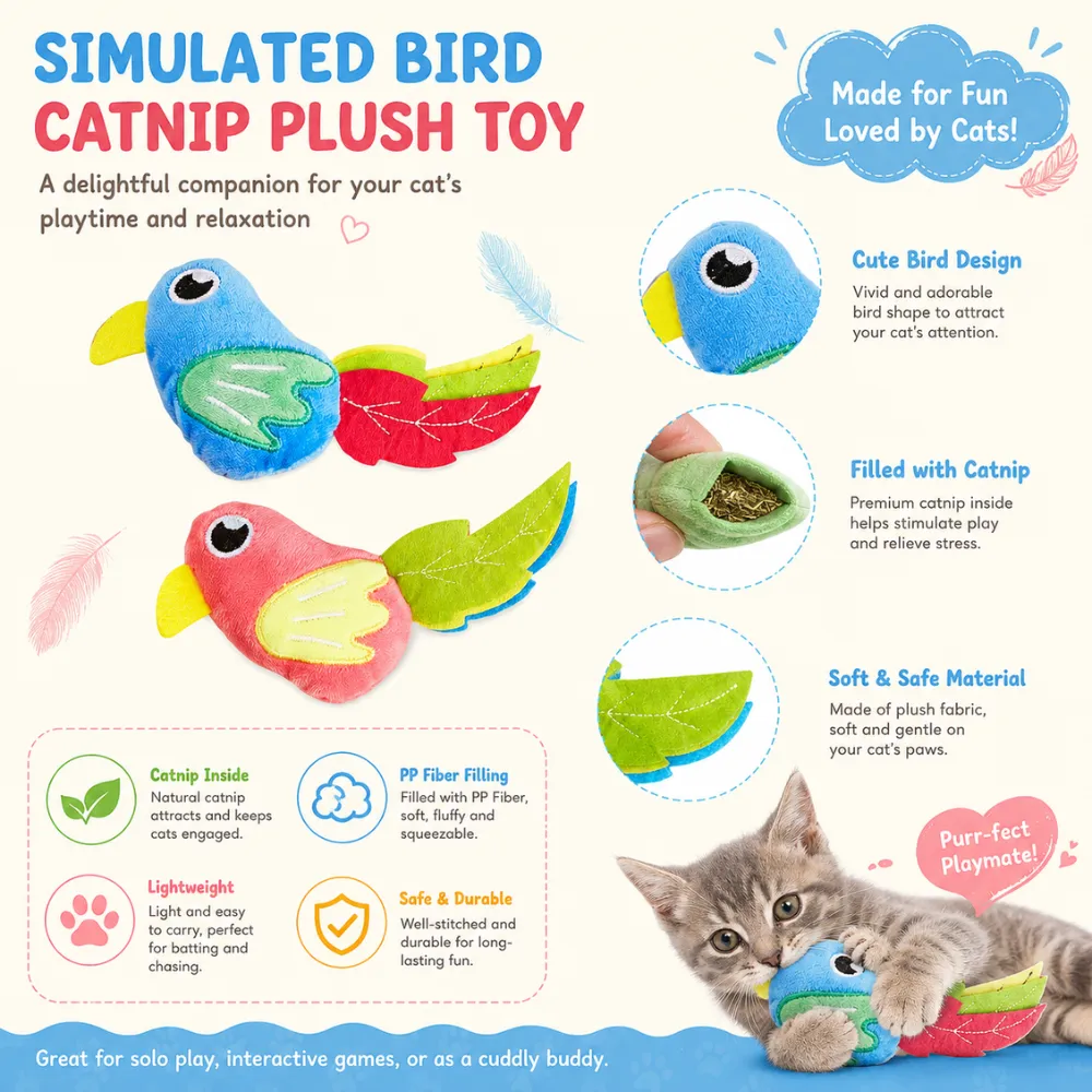 Interactive simulated bird catnip plush toy with PP fiber filling and soft plush material for cats