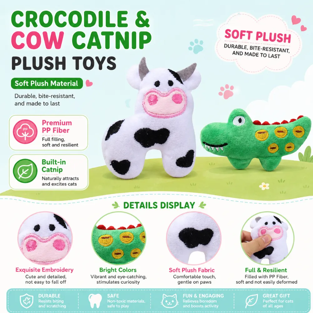 Soft plush crocodile and cow catnip toys with PP fiber filling and embroidered details