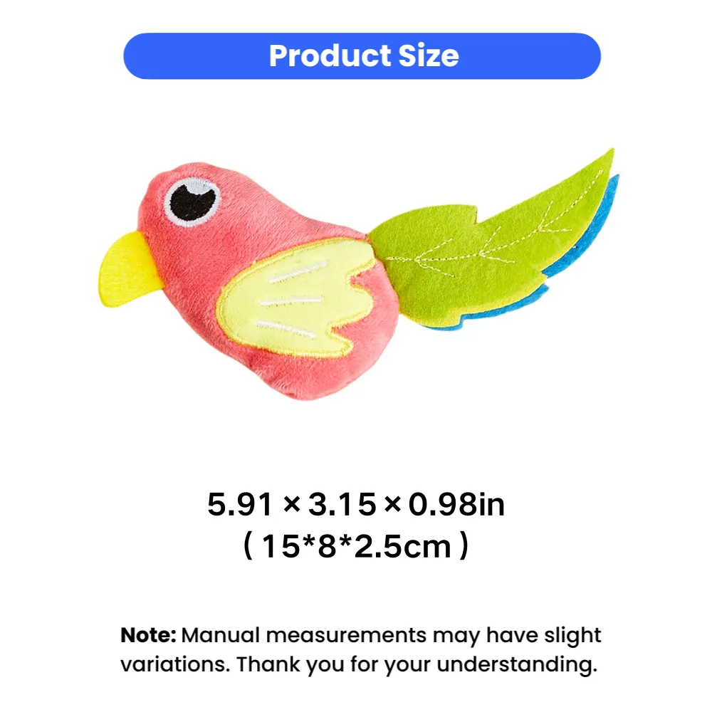 Size details of simulated bird catnip plush toy measuring 5.91 × 3.15 × 0.98 inches