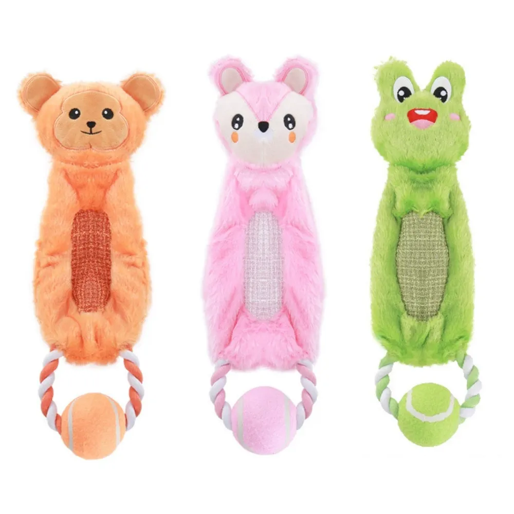 Tennis Pull Ring Animal Dog Toy Set Wholesale Plush animal dog toys with rope pull ring and tennis ball for interactive chewing and tug play