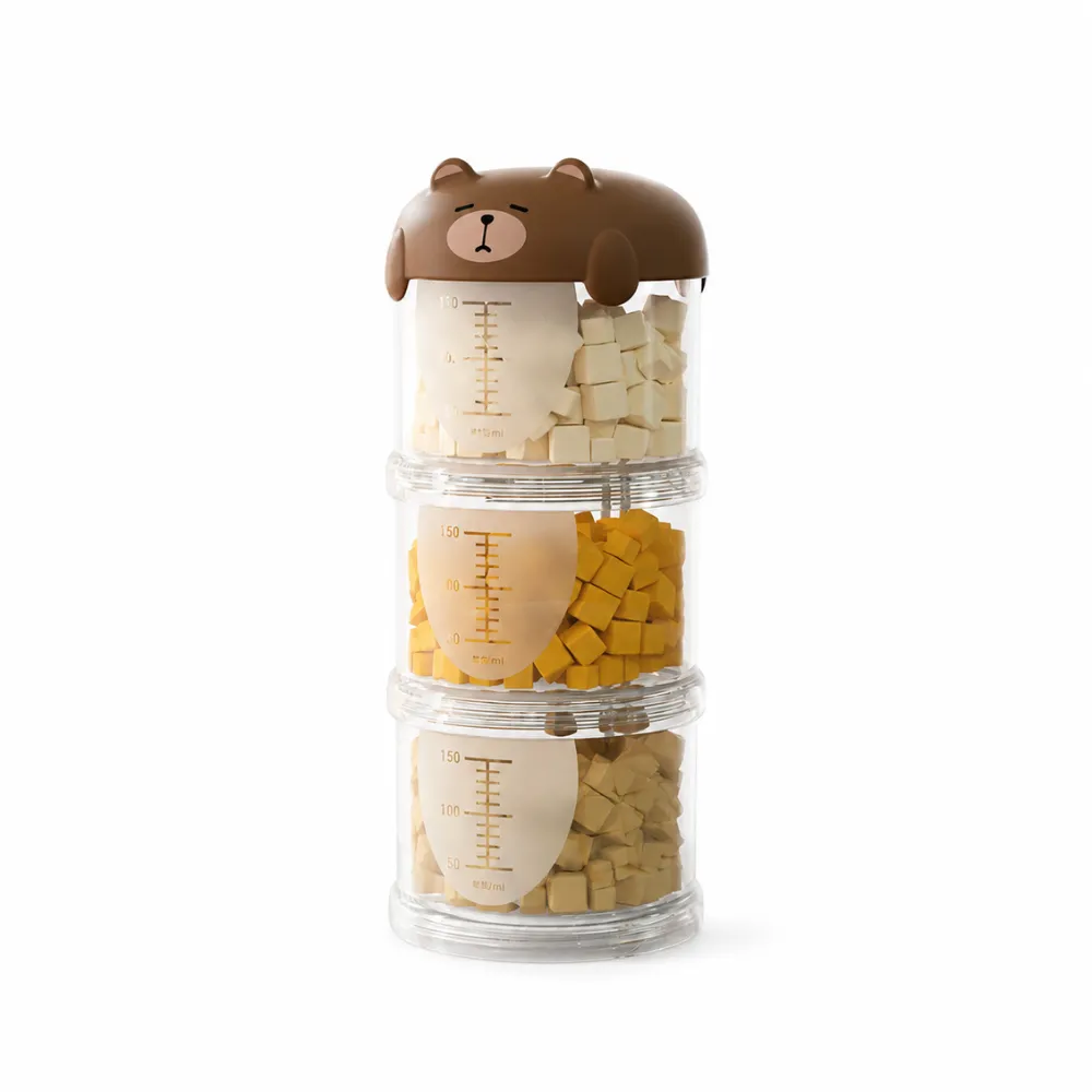 Brown portable pet food storage container with stackable transparent compartments and sealed storage design