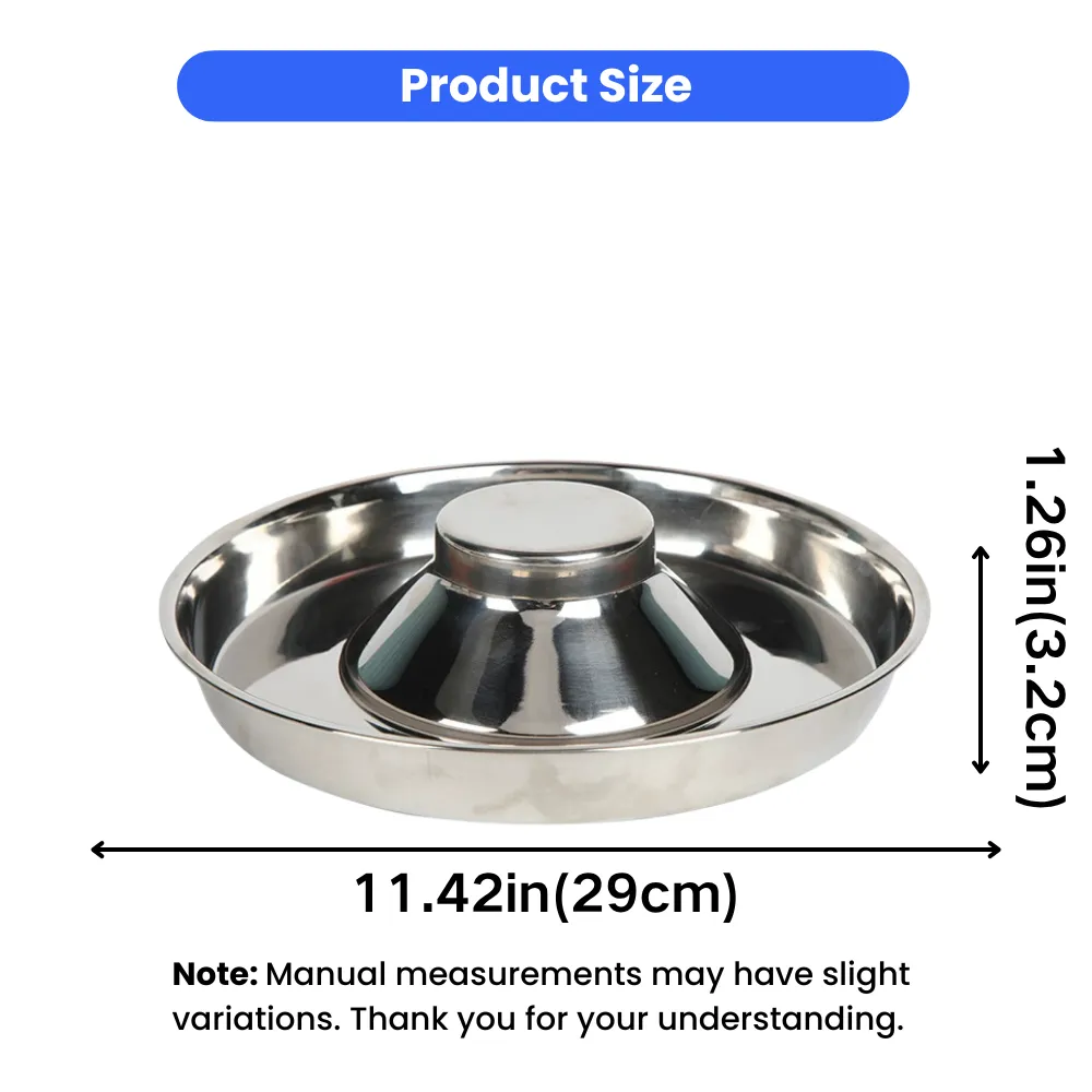 Size dimensions of stainless steel slow feeder dog bowl measuring 11.42 inches and 1.26 inches high