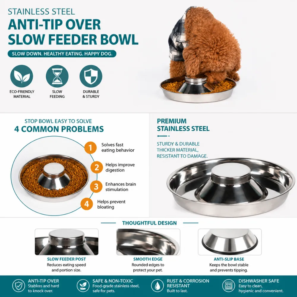 Stainless steel anti-tip slow feeder bowl showing slow feeding benefits durable structure and anti-slip base