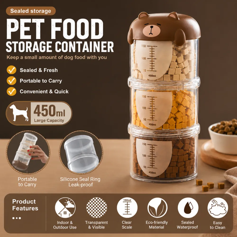 Sealed 450ML pet food storage container with leak-proof design and transparent compartments for portable dog food storage