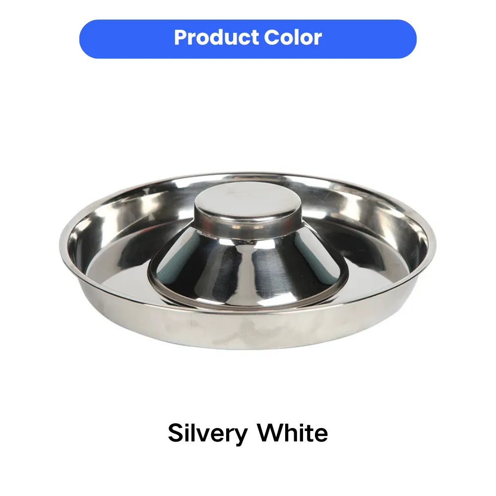 Silver white stainless steel anti-tip slow feeder dog bowl with durable polished finish