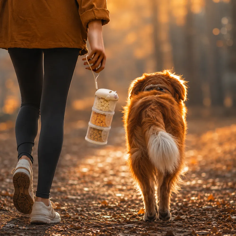 Dog owner carrying portable pet food storage container while walking outdoors with a large dog during autumn travel