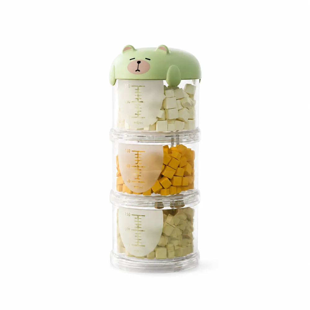 Green bear-style portable pet food storage container with leak-proof compartments for dog and cat treats