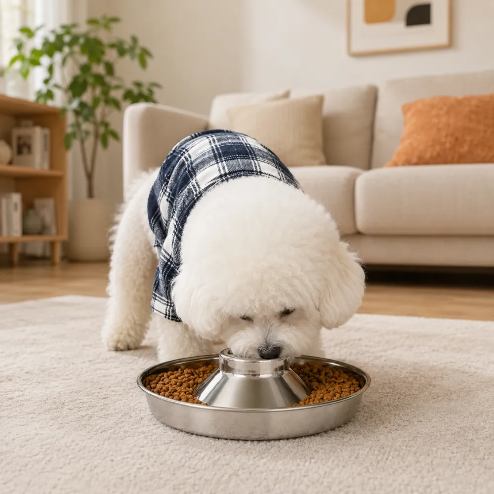 White dog eating from stainless steel anti-tip slow feeder bowl in living room scene