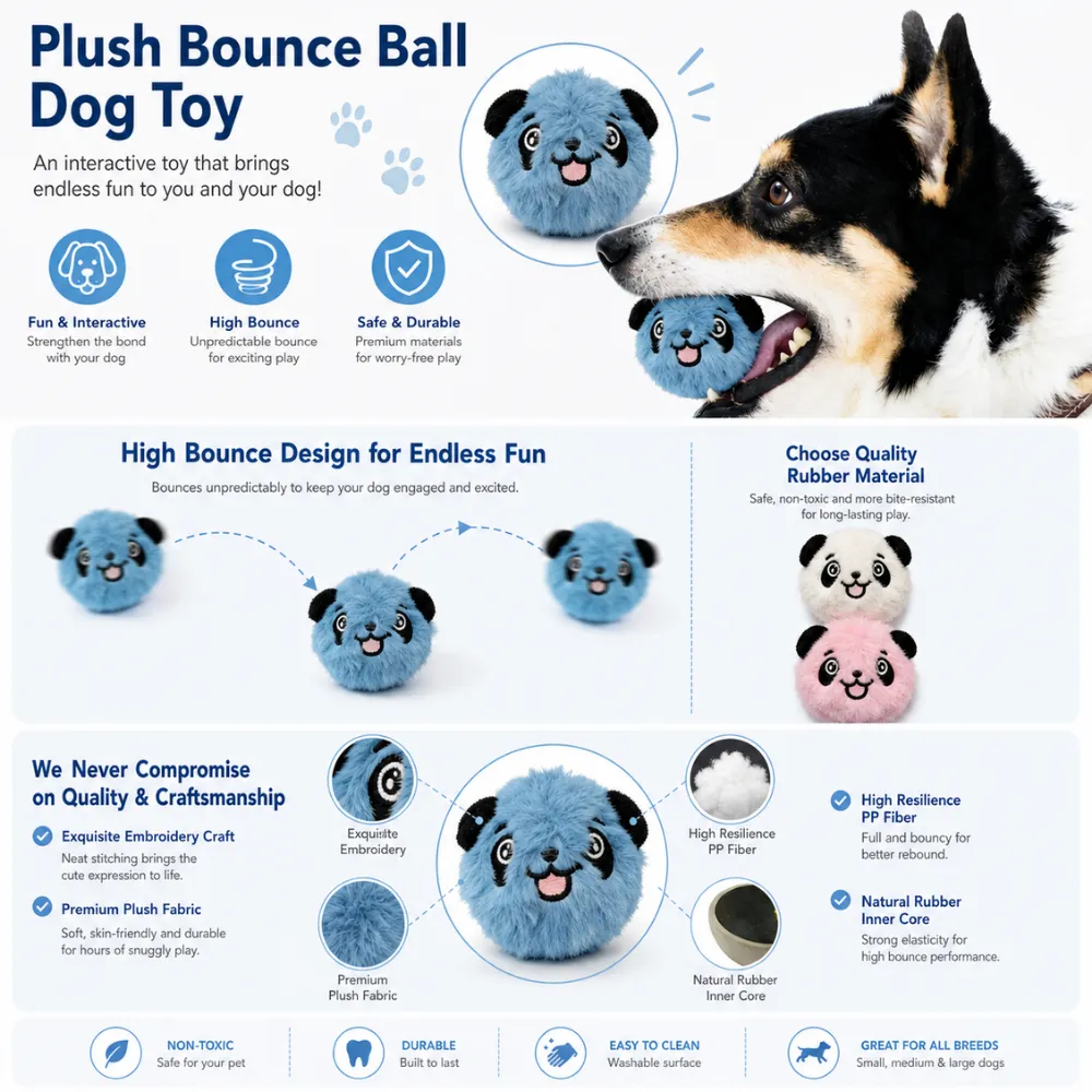 Dog playing with plush panda bounce ball toy made with PP fiber and natural rubber core