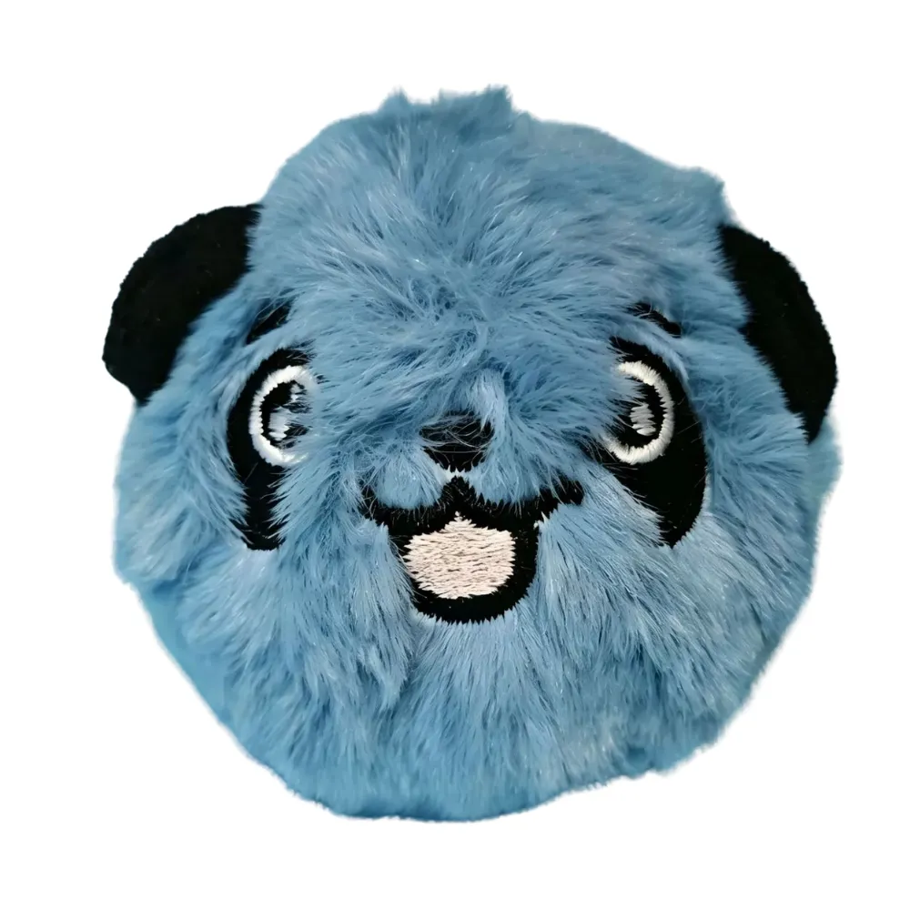 Blue plush panda bounce ball dog toy with fluffy fabric and embroidered facial details