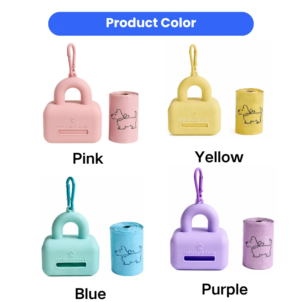 Multi-color silicone dog poop bag dispensers with portable clip and matching waste bag rolls