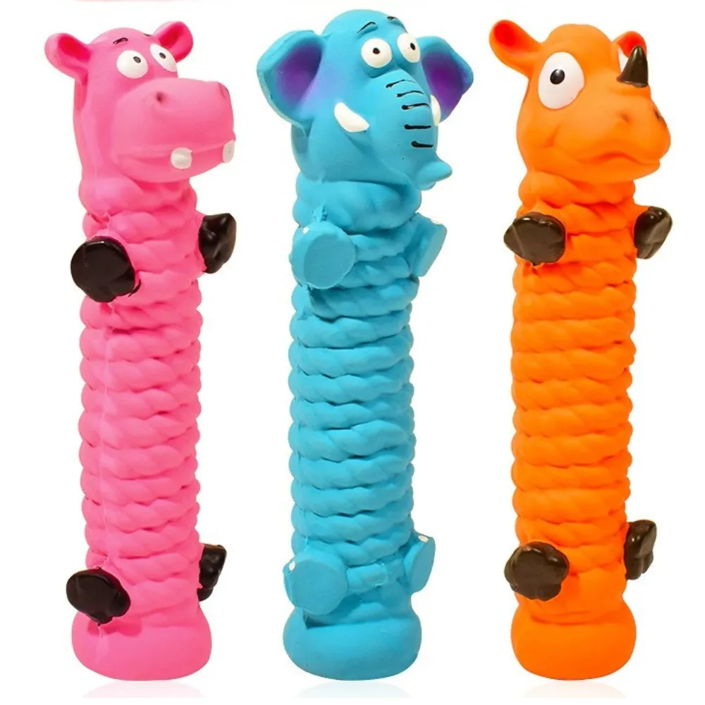 Latex Animal Squeaky Dog Toys Wholesale Colorful latex squeaky dog toys in elephant, rhino, and hippo animal designs for chewing and interactive play