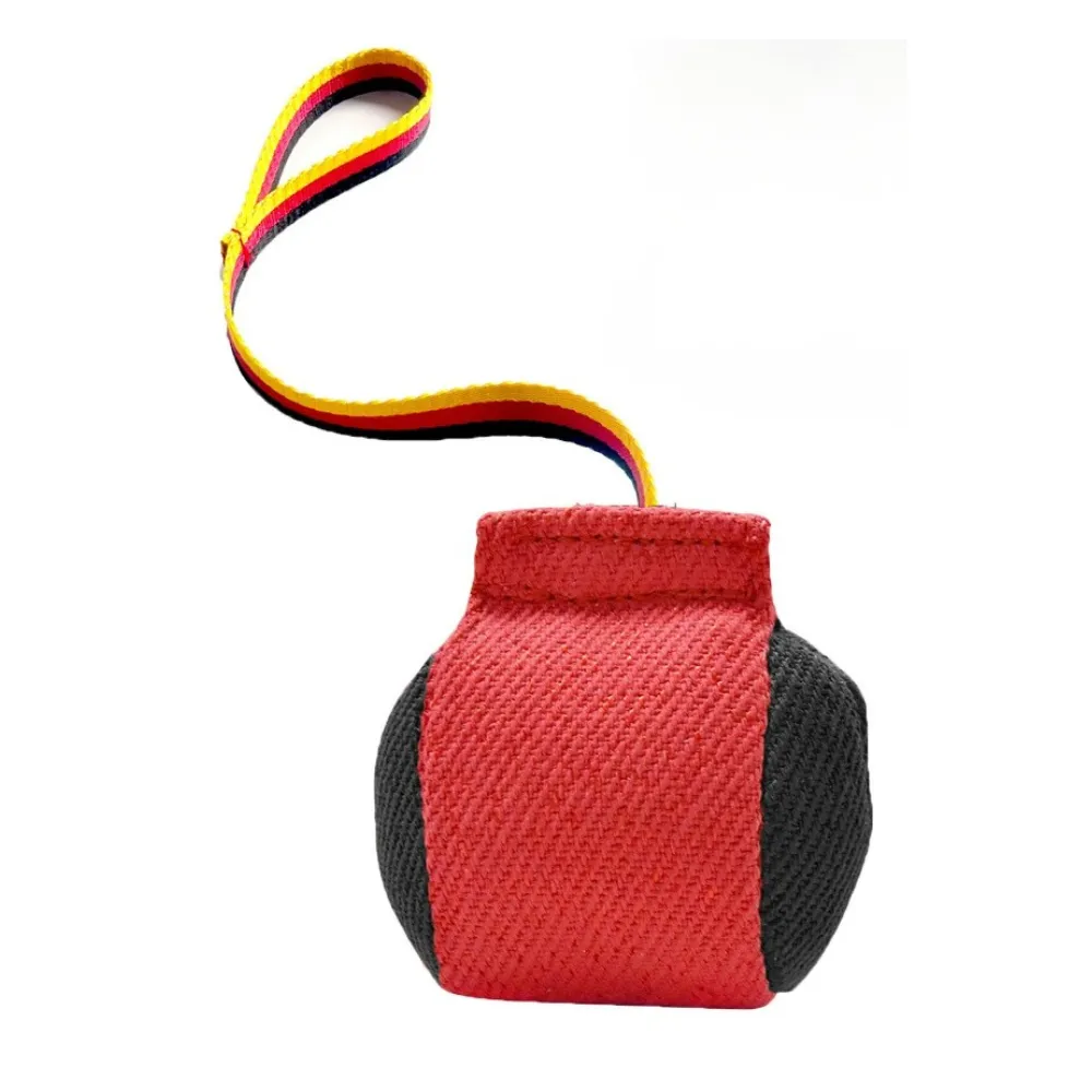 Red durable dog bite tug toy with strong fabric and nylon handle