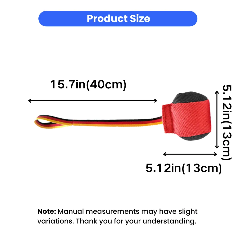 Size dimensions of durable dog bite tug training toy with nylon handle and bite pad