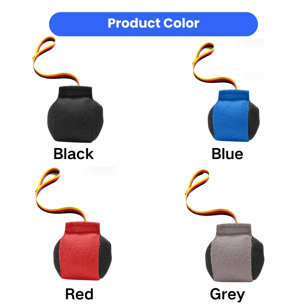 Color options of durable bite tug dog training toy in black blue red and grey for pet stores