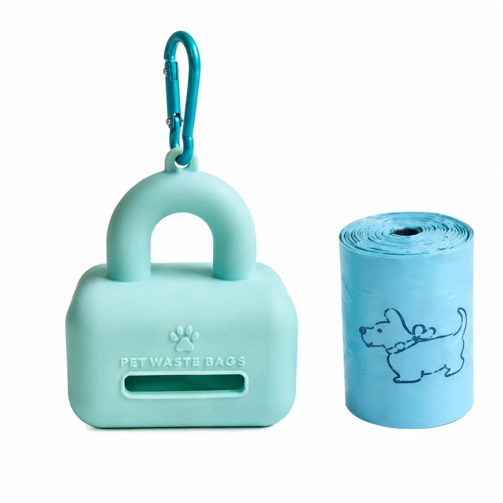 Blue silicone portable dog poop bag holder with clip and matching pet waste bag roll