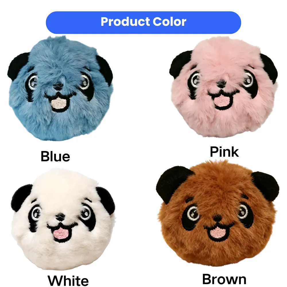 Blue, pink, white and brown plush panda dog toys with soft fluffy fabric and bounce ball design