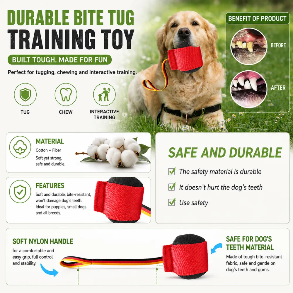Durable dog bite tug training toy with bite resistant material and soft nylon handle