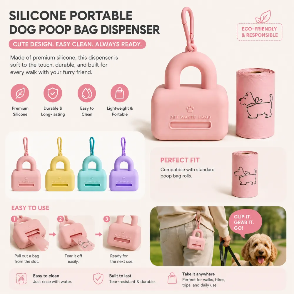 Premium silicone portable dog poop bag dispenser with eco-friendly waste bag storage and outdoor use features