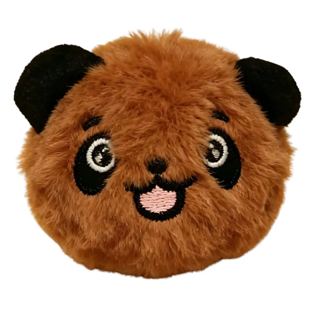 Brown plush panda bounce ball dog toy with fluffy plush texture and rubber bounce core