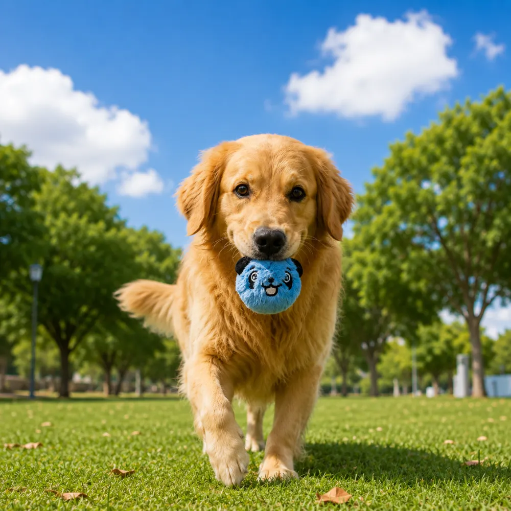 Golden retriever carrying blue plush panda bounce ball dog toy outdoors in sunny park