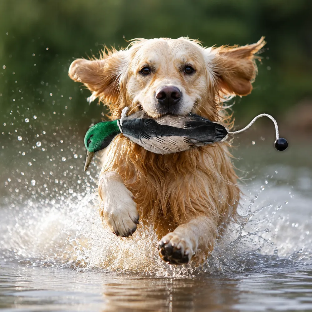 Golden retriever carrying EVA floating duck dog toy during water retrieval training outdoors
