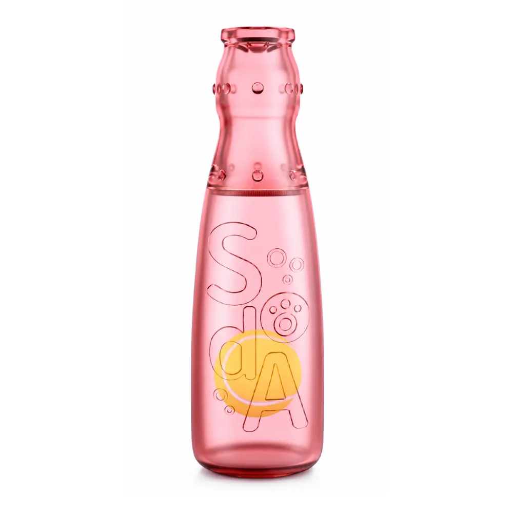 Pink transparent squeaky bottle dog toy with rolling tennis ball inside