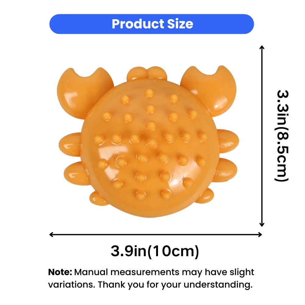 Size dimensions of TPR crab dog chew toy measuring 3.9 inches by 3.3 inches for small and medium dogs