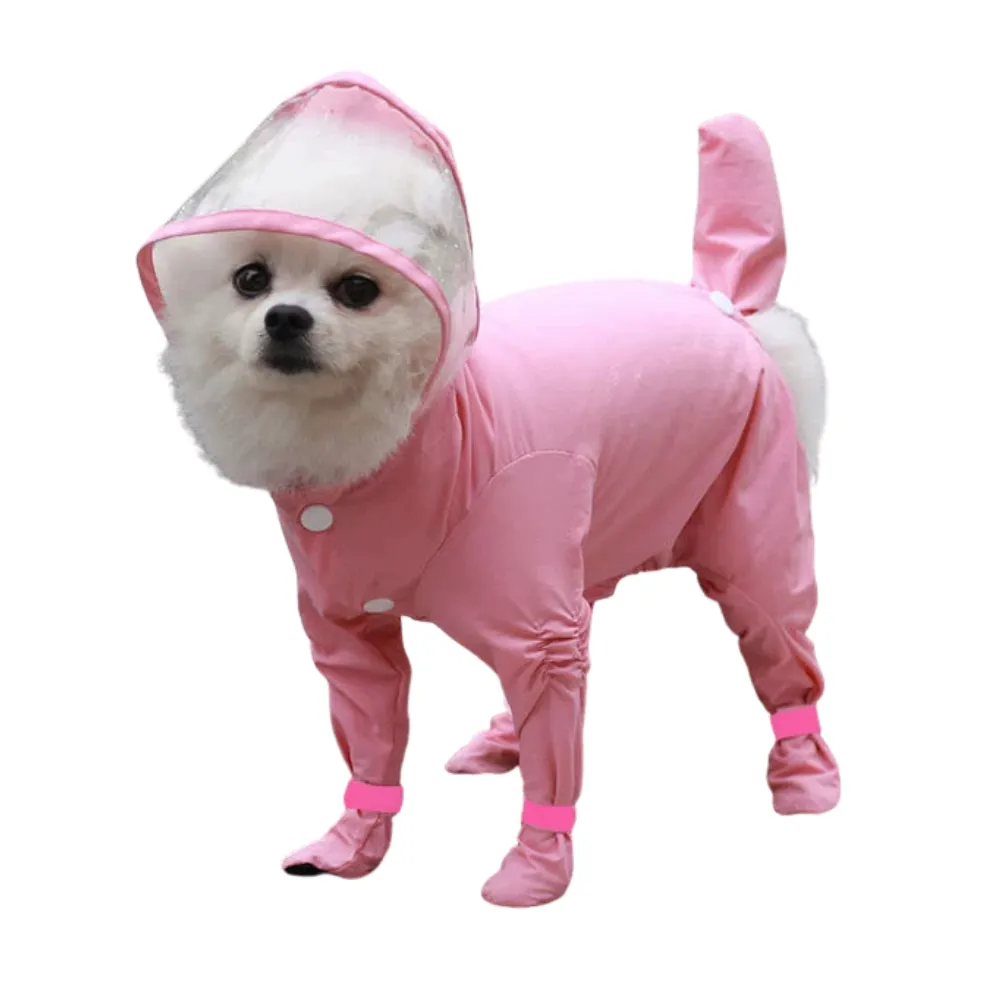 Small white dog wearing pink waterproof dog raincoat with transparent hood and leg coverage