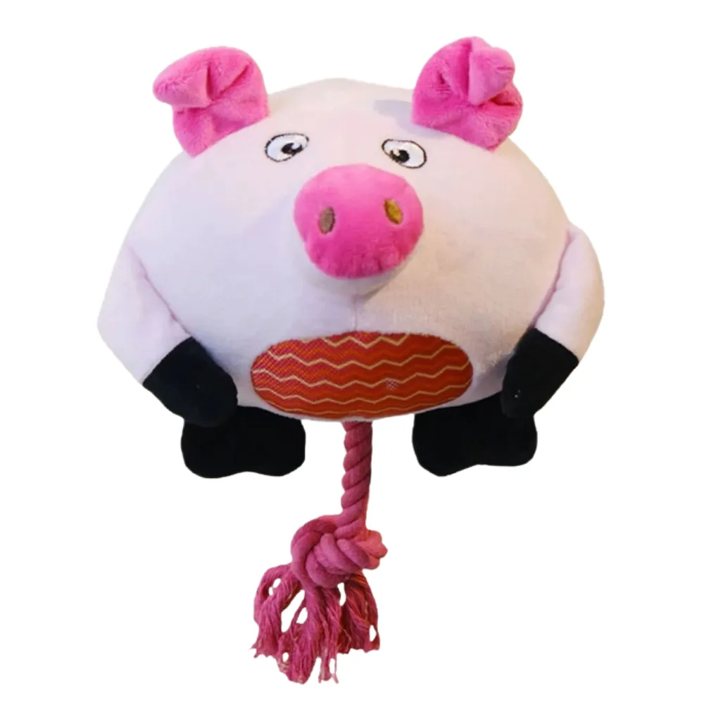Pink pig plush squeaky dog toy with rope tail for chewing and tug play