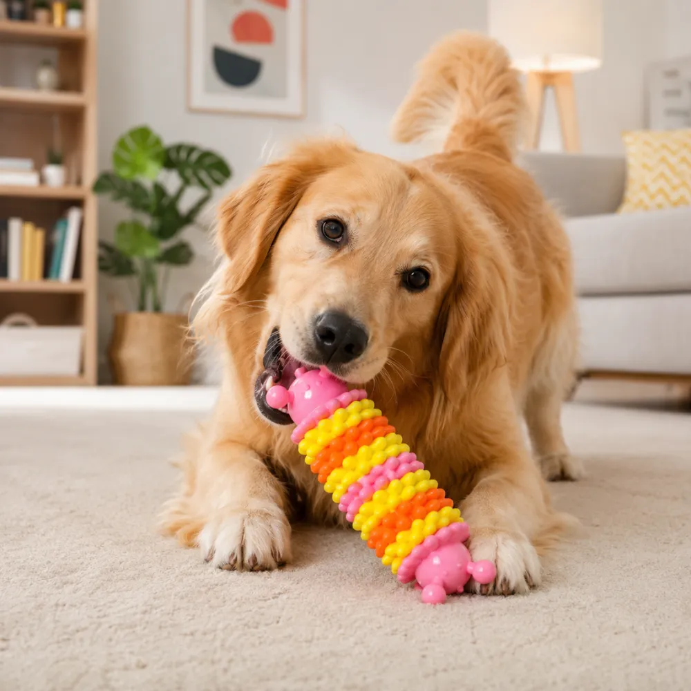 Golden retriever chewing colorful TPR caterpillar dog toy for teeth cleaning and interactive indoor play