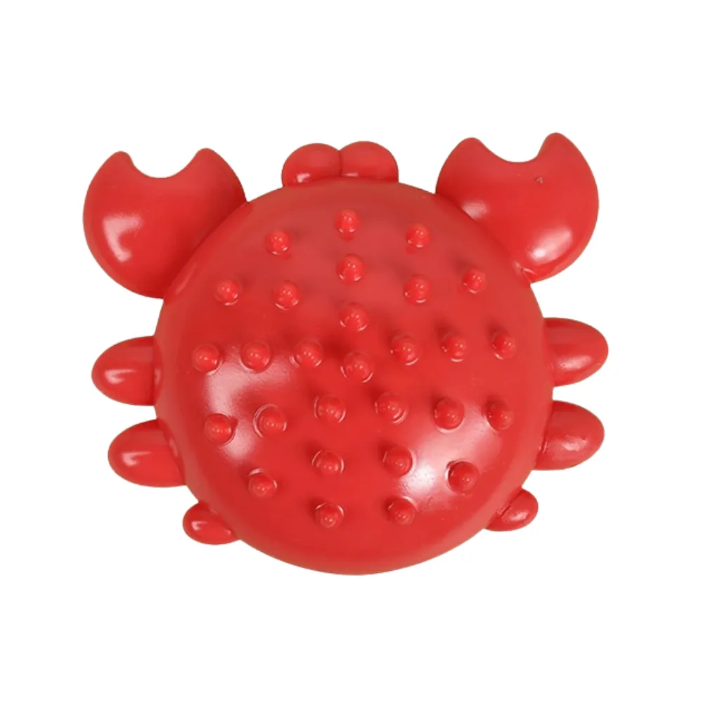 Red crab-shaped squeaky dog chew toy made from durable TPR rubber for chewing and fetch games