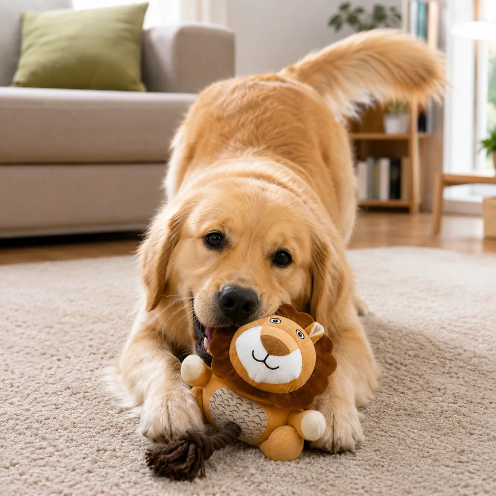 Golden retriever chewing lion plush squeaky dog toy in a living room