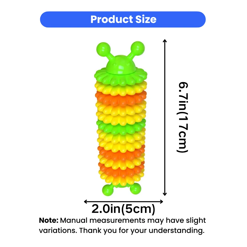 Size chart of TPR caterpillar dog chew toy measuring 6.7 inches long and 2 inches wide