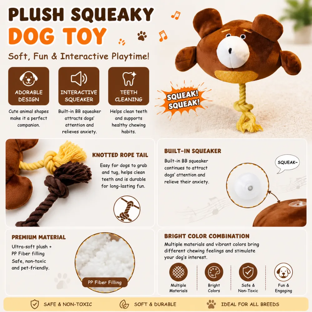 Brown bear plush squeaky dog toy with durable rope tail and PP fiber filling