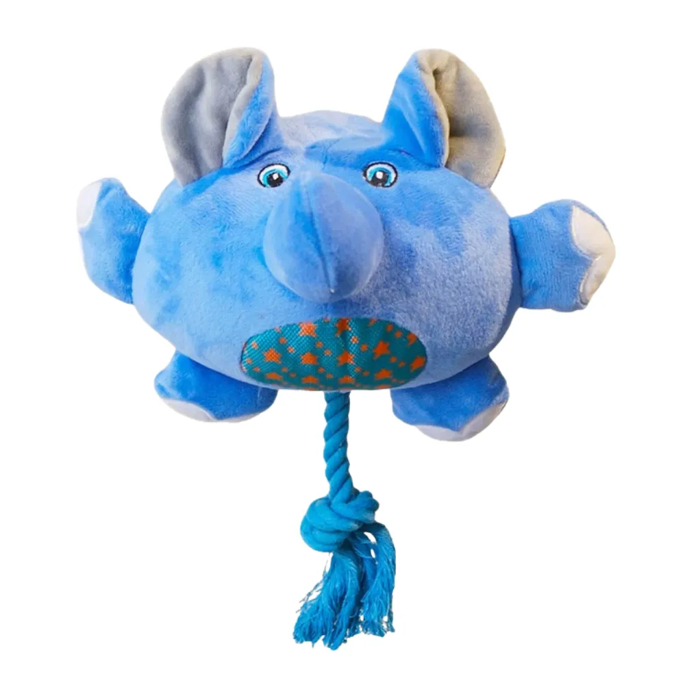 Blue elephant plush squeaky dog toy with rope tail for dogs
