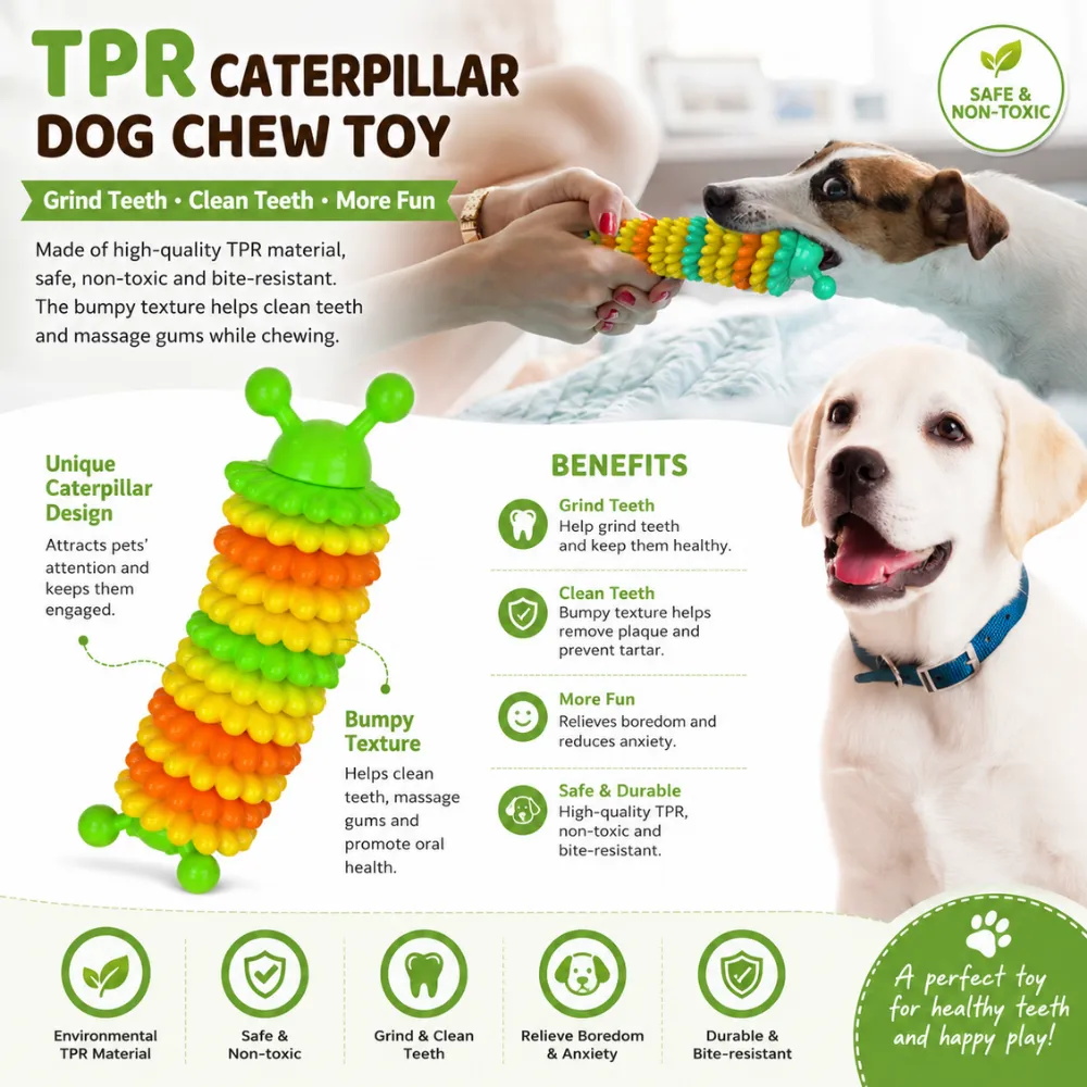 Dog playing with colorful TPR caterpillar chew toy designed for grinding teeth and relieving boredom
