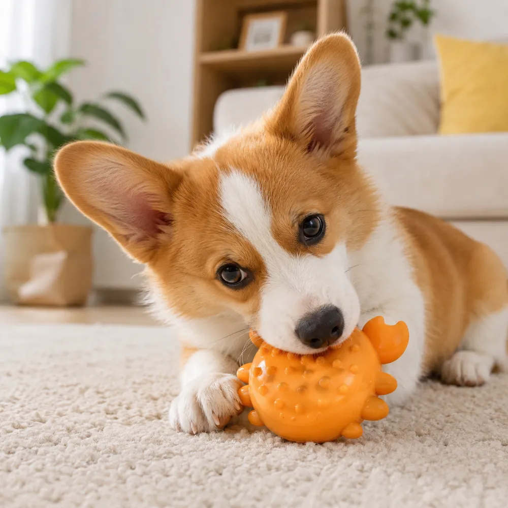 Corgi puppy chewing orange TPR crab squeaky dog toy on carpet indoors