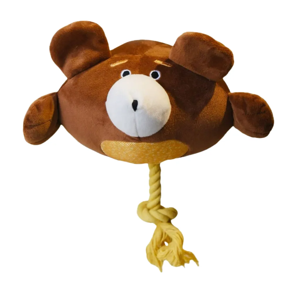 Brown bear plush dog toy with rope tail and squeaky interactive design