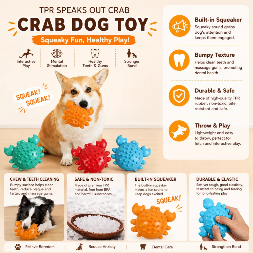 Interactive crab-shaped TPR dog toy featuring squeaker, bumpy texture, dental cleaning function, and durable chew-resistant material