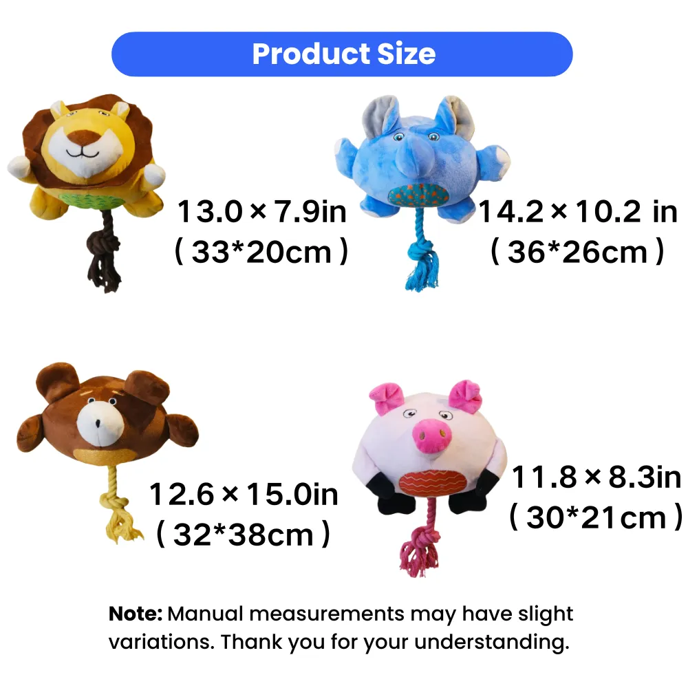 Size chart for plush squeaky dog toys including lion, elephant, bear, and pig designs