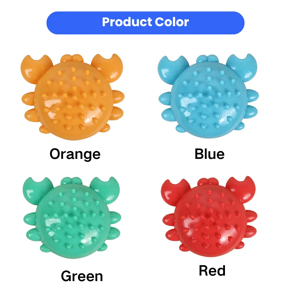 TPR crab squeaky dog toy available in orange, blue, green, and red colors for pet stores and wholesale buyers