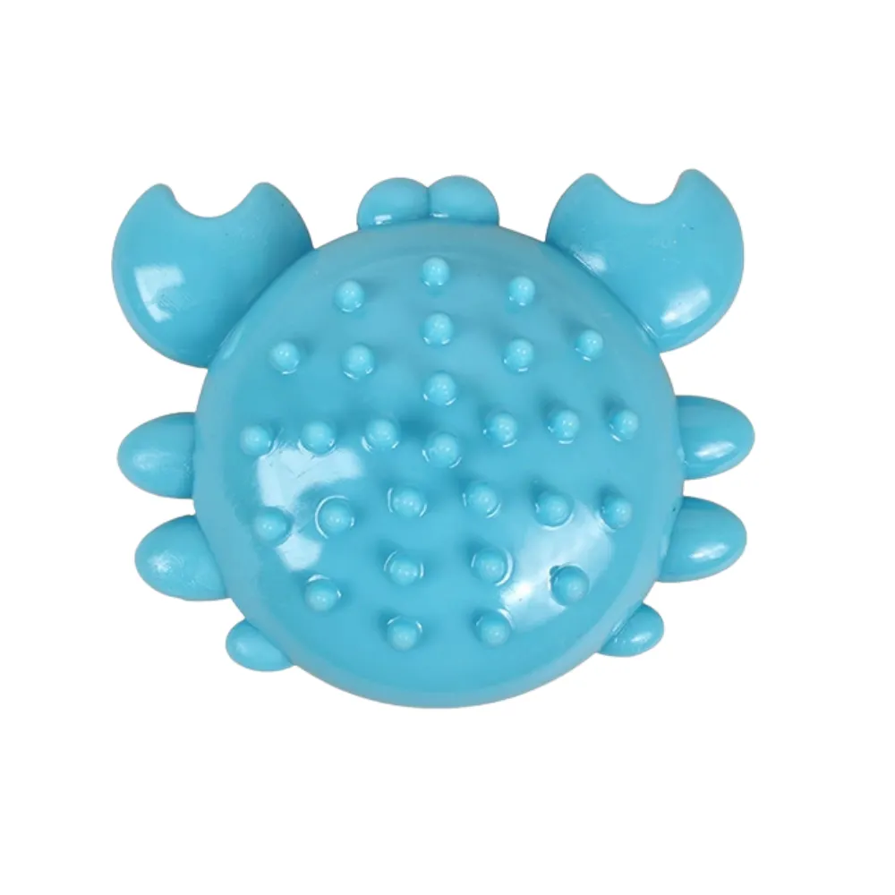 Blue crab-shaped TPR dog chew toy with textured bumps and built-in squeaker