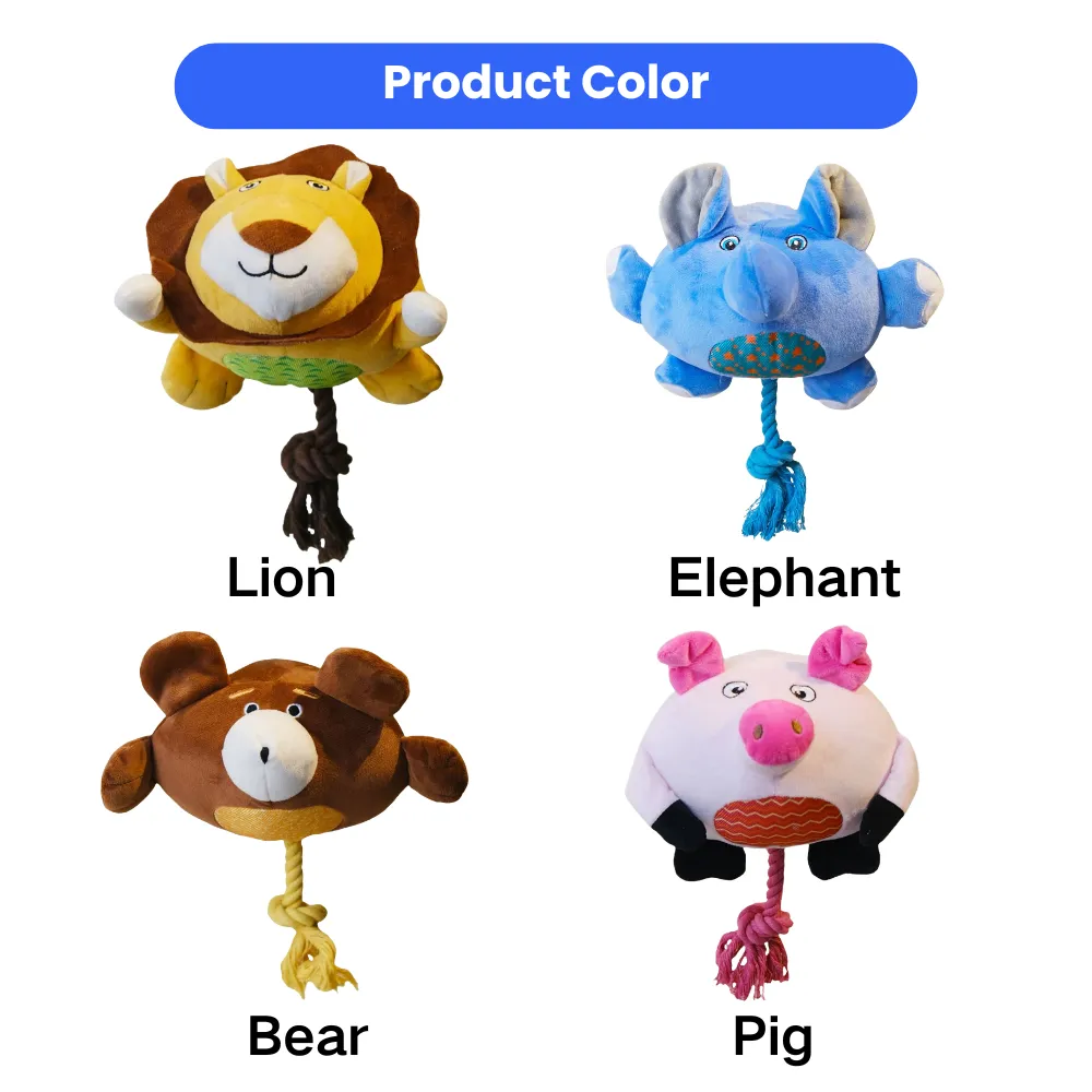 Lion, elephant, bear, and pig plush squeaky dog toys with rope tails in multiple colors