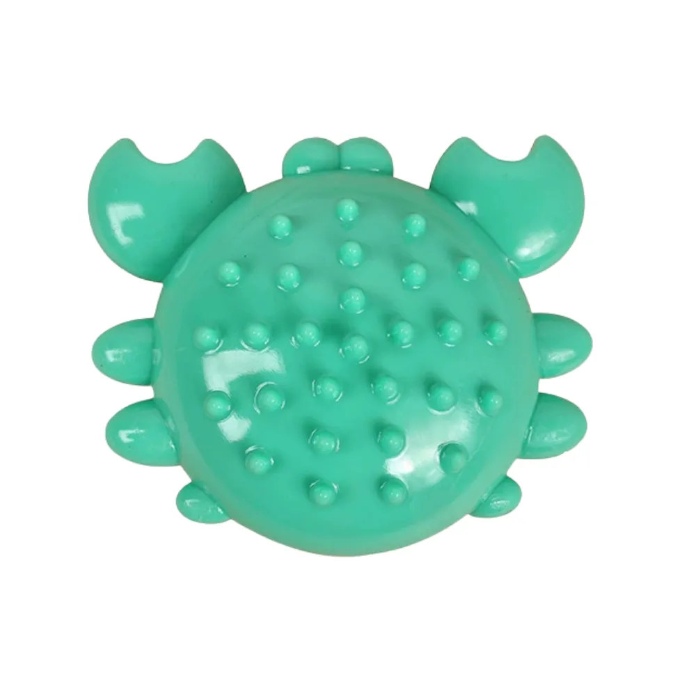 Green TPR crab dog toy with textured chew surface for dental care and interactive play