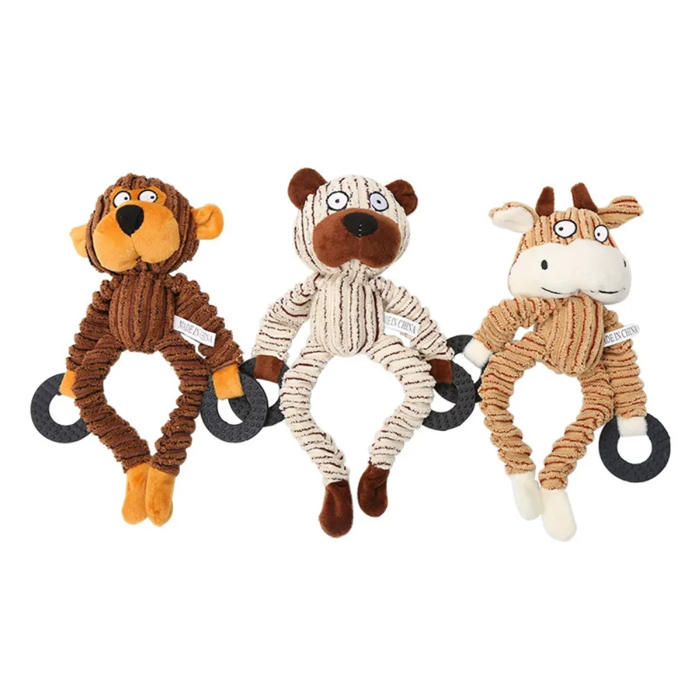Corduroy Animal Dog Squeaky Toys with Teething Ring Set of corduroy animal dog squeaky toys with chew teething rings including monkey bear and cow styles